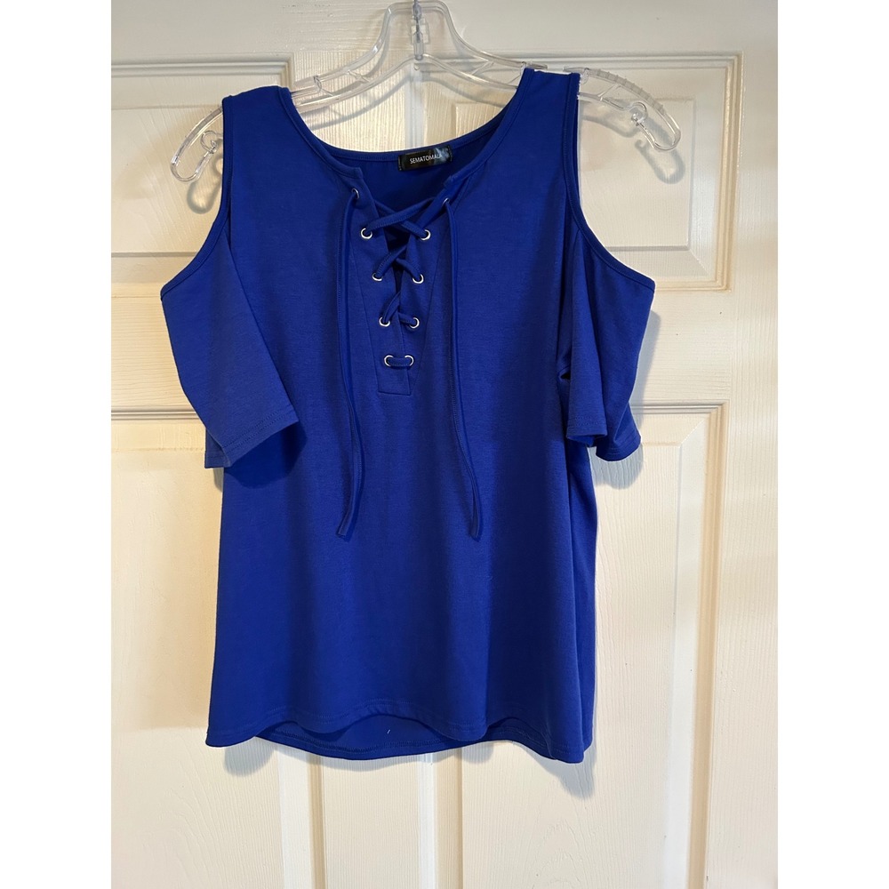 Corset Royal‎ Blue Cold Shoulder Lace Up Grommet Top Short Sleeve Medium
